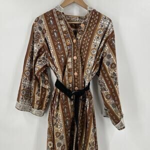 Vintage 70s Bohemian Kaftan Womens Size XL Brown Floral Maxi Hippie Folk